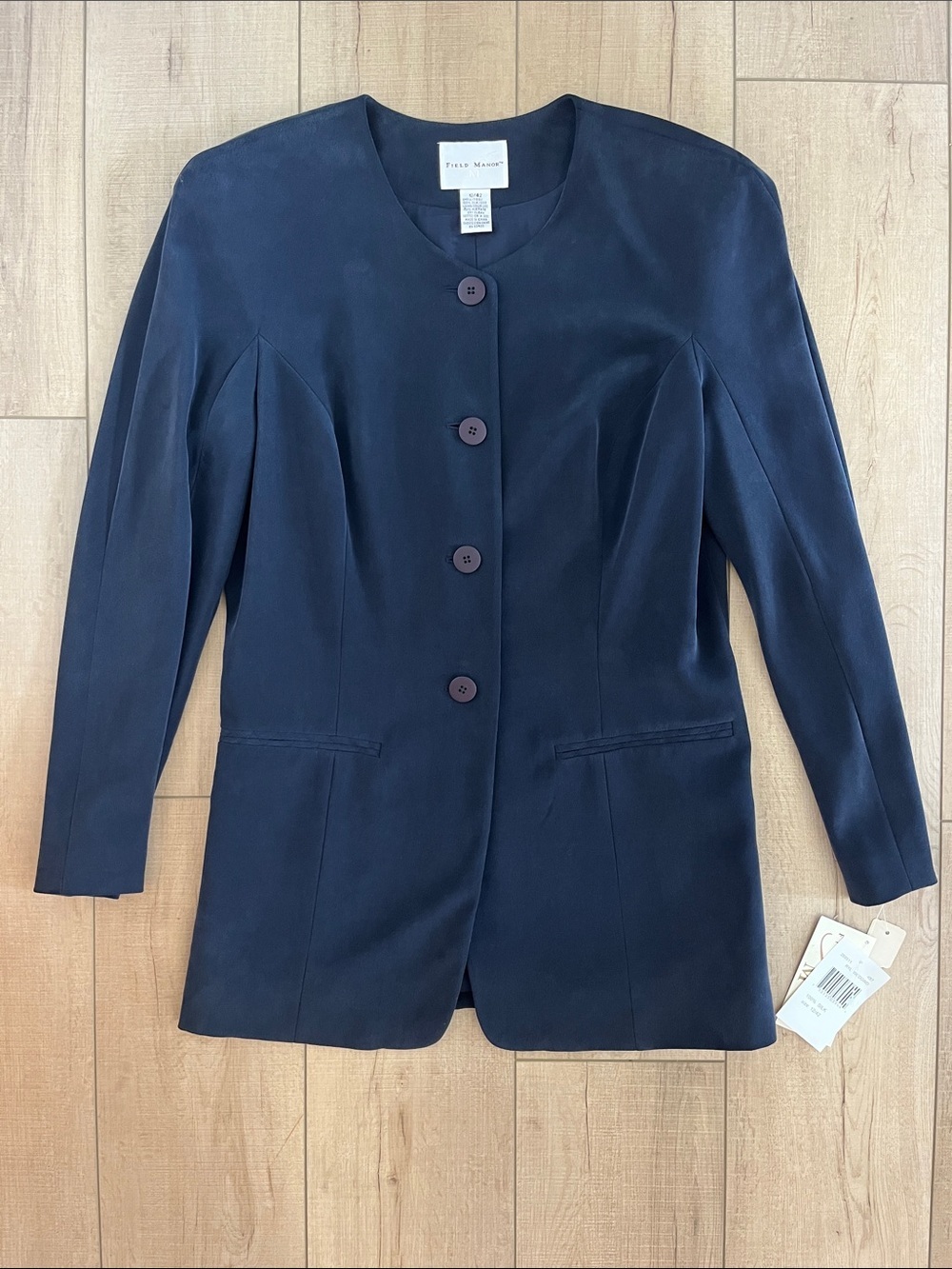 100% Silk Navy Round-Neck Button Front Blazer